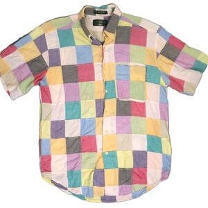 Orvis Patchwork‎ Madras Cotton Shirt Mens M India Made Vintage 80s Pastel Easter